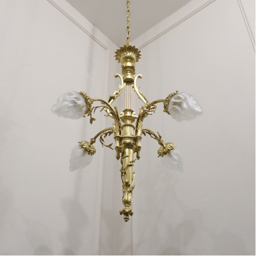 French Neoclassical Style Gilt Bronze Lyre Chandelier