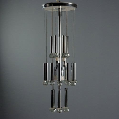 Vintage Chandelier Design Chromed Metal Glass Italy 1960s