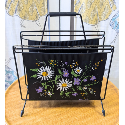 Mid Century Homeware | Vintage Black Floral Vinyl Magazine Rack