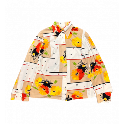 Vintage Blouse | 1970s Vintage Beige Bold Flower Shirt Size 14
